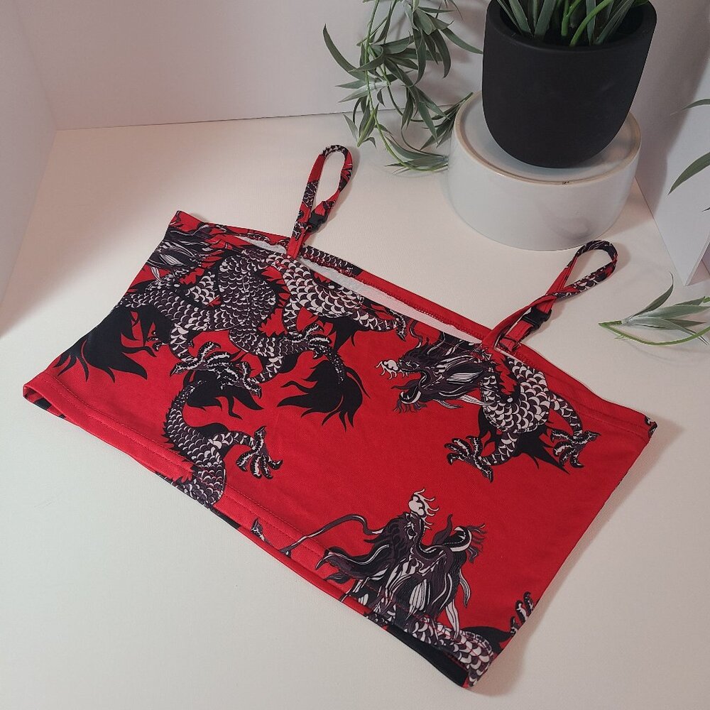 Red Dragon Print Crop Top with Non-Adjustable Straps – Size M - Picture 2 of 10
